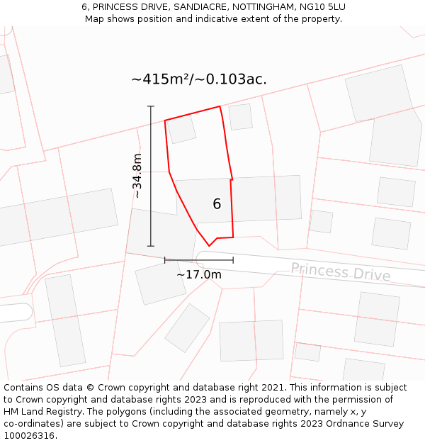 6, PRINCESS DRIVE, SANDIACRE, NOTTINGHAM, NG10 5LU: Plot and title map