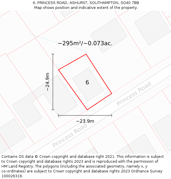 6, PRINCESS ROAD, ASHURST, SOUTHAMPTON, SO40 7BB: Plot and title map