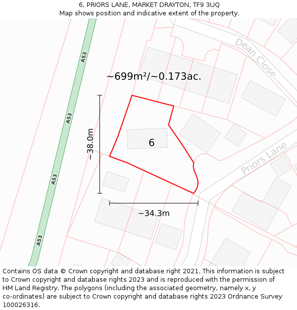 6, PRIORS LANE, MARKET DRAYTON, TF9 3UQ: Plot and title map