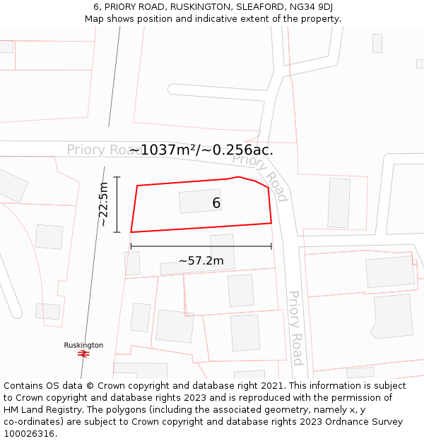 6, PRIORY ROAD, RUSKINGTON, SLEAFORD, NG34 9DJ: Plot and title map