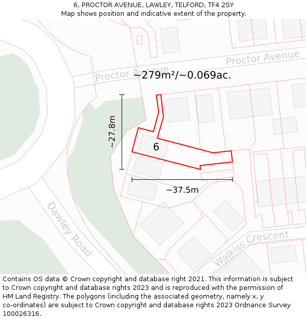 6, PROCTOR AVENUE, LAWLEY, TELFORD, TF4 2SY: Plot and title map