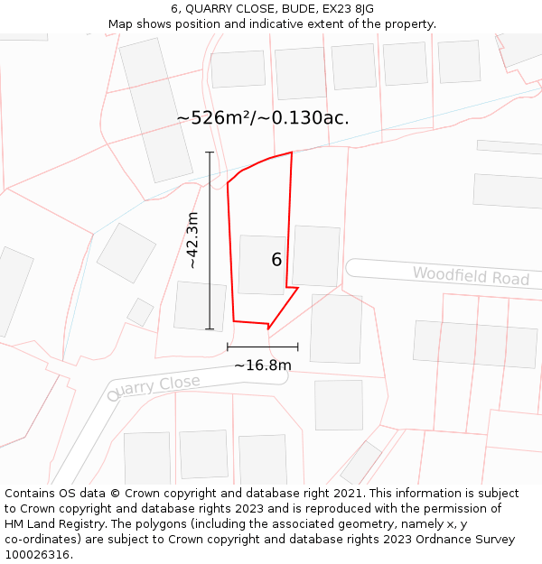 6, QUARRY CLOSE, BUDE, EX23 8JG: Plot and title map