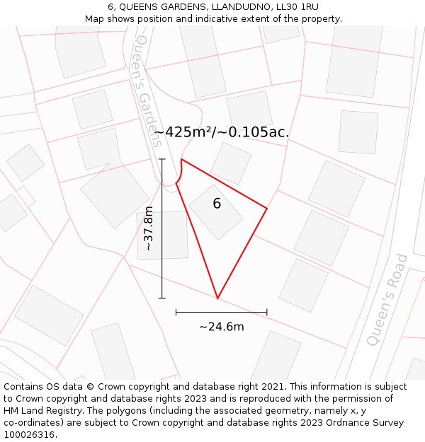 6, QUEENS GARDENS, LLANDUDNO, LL30 1RU: Plot and title map