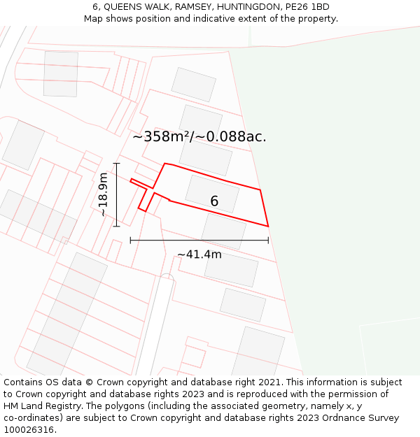 6, QUEENS WALK, RAMSEY, HUNTINGDON, PE26 1BD: Plot and title map