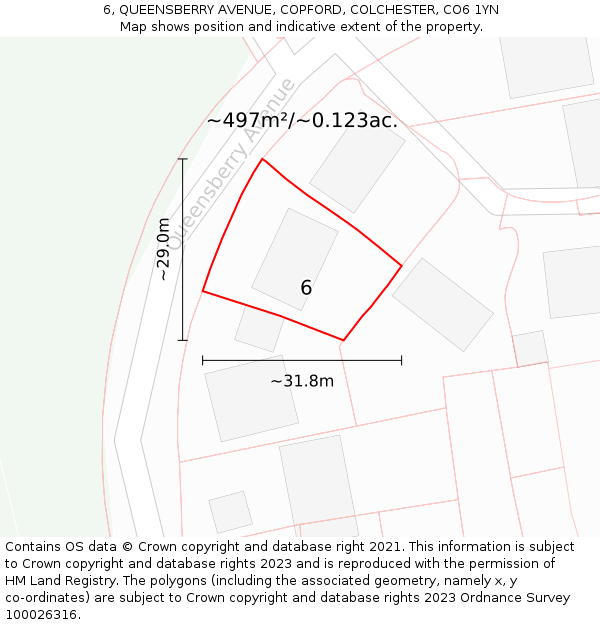 6, QUEENSBERRY AVENUE, COPFORD, COLCHESTER, CO6 1YN: Plot and title map