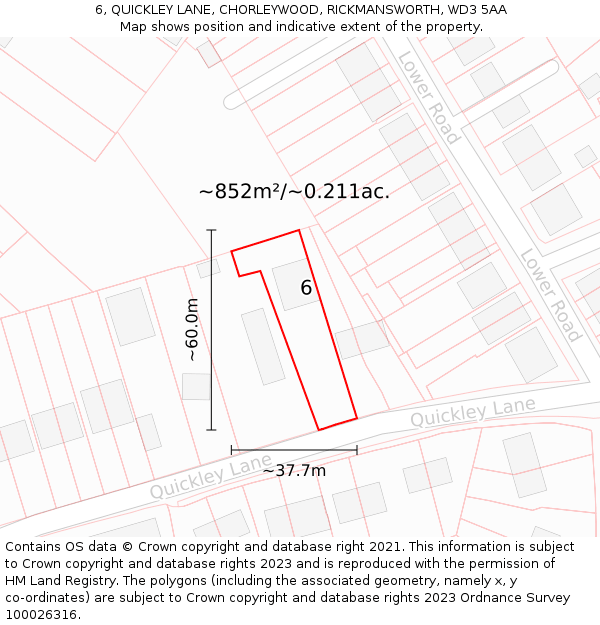 6, QUICKLEY LANE, CHORLEYWOOD, RICKMANSWORTH, WD3 5AA: Plot and title map