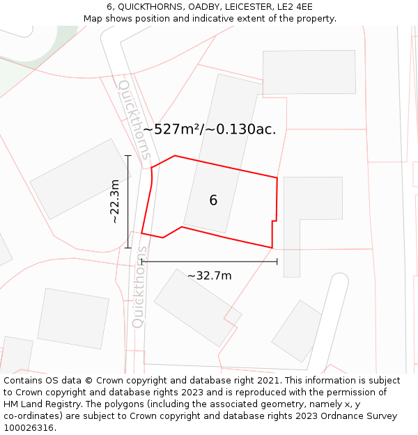 6, QUICKTHORNS, OADBY, LEICESTER, LE2 4EE: Plot and title map