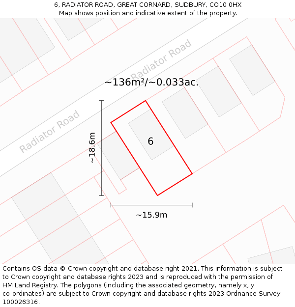 6, RADIATOR ROAD, GREAT CORNARD, SUDBURY, CO10 0HX: Plot and title map