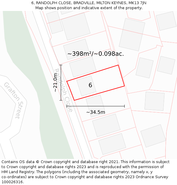 6, RANDOLPH CLOSE, BRADVILLE, MILTON KEYNES, MK13 7JN: Plot and title map