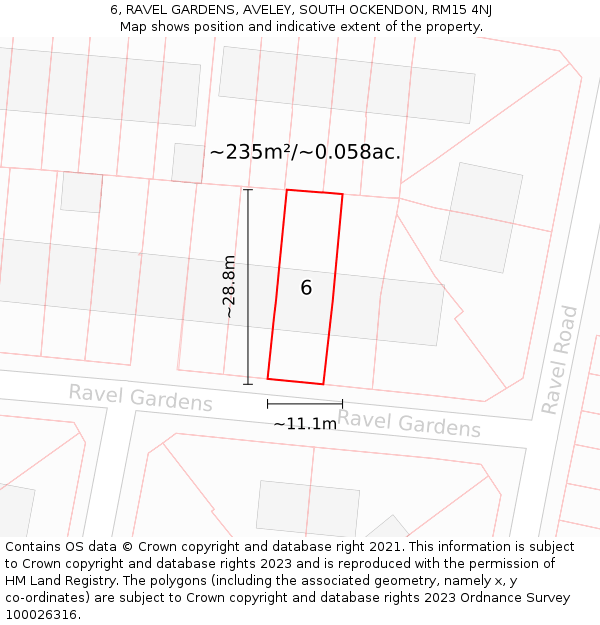 6, RAVEL GARDENS, AVELEY, SOUTH OCKENDON, RM15 4NJ: Plot and title map