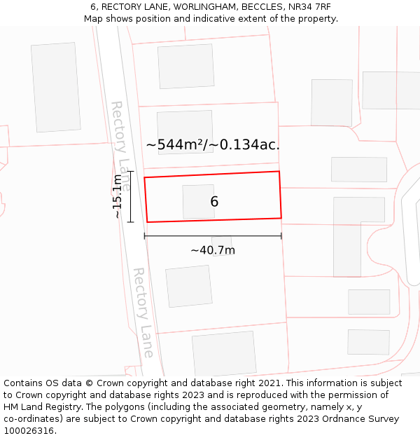 6, RECTORY LANE, WORLINGHAM, BECCLES, NR34 7RF: Plot and title map