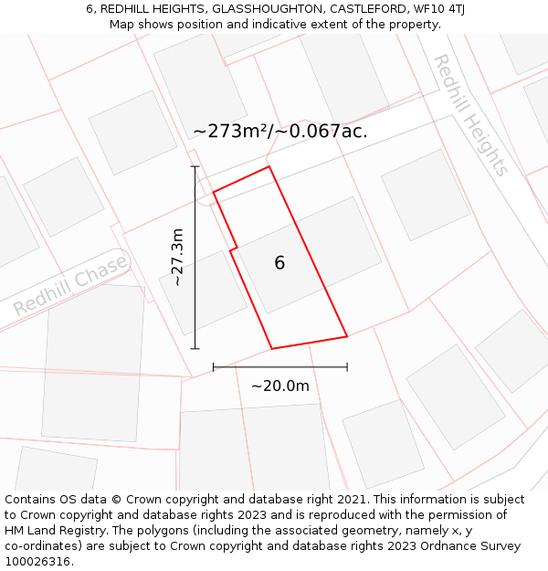 6, REDHILL HEIGHTS, GLASSHOUGHTON, CASTLEFORD, WF10 4TJ: Plot and title map