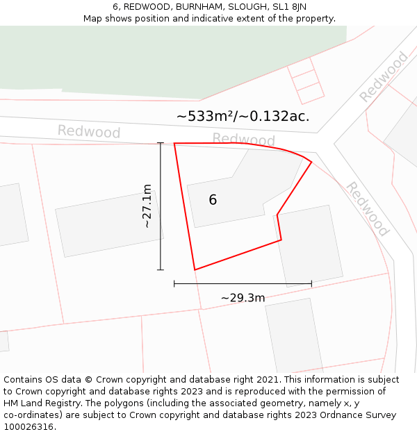 6, REDWOOD, BURNHAM, SLOUGH, SL1 8JN: Plot and title map