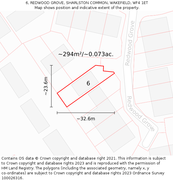 6, REDWOOD GROVE, SHARLSTON COMMON, WAKEFIELD, WF4 1ET: Plot and title map