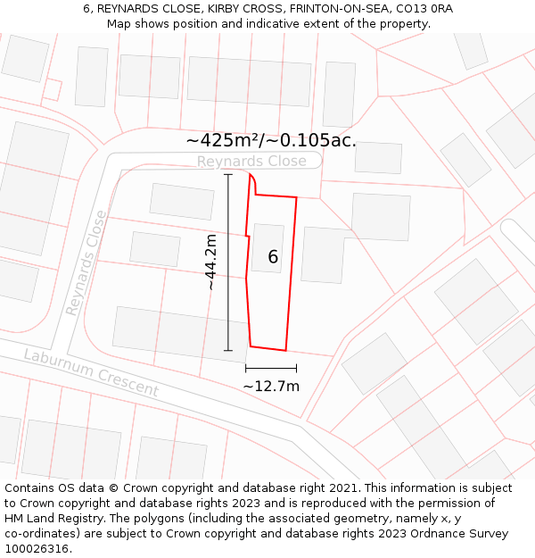 6, REYNARDS CLOSE, KIRBY CROSS, FRINTON-ON-SEA, CO13 0RA: Plot and title map