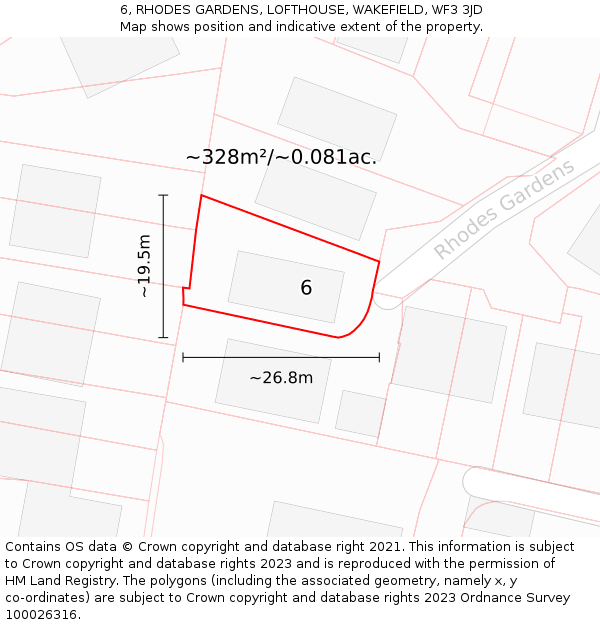 6, RHODES GARDENS, LOFTHOUSE, WAKEFIELD, WF3 3JD: Plot and title map