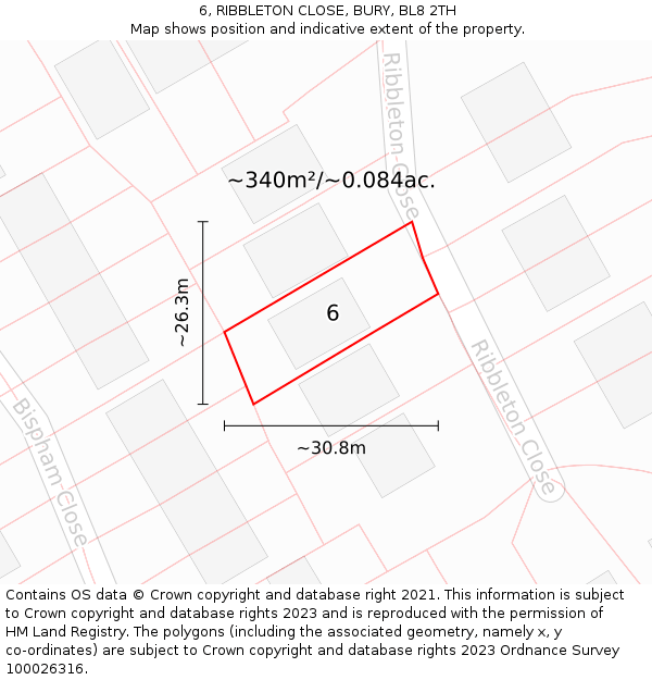 6, RIBBLETON CLOSE, BURY, BL8 2TH: Plot and title map