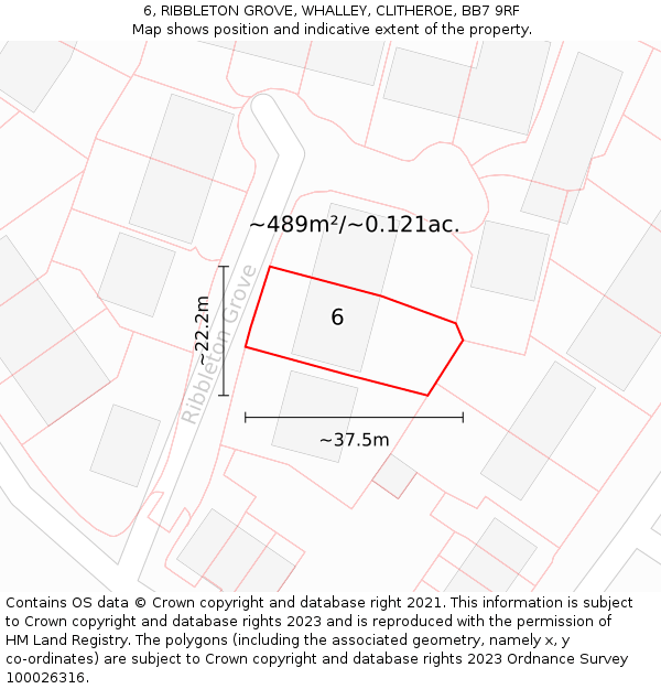 6, RIBBLETON GROVE, WHALLEY, CLITHEROE, BB7 9RF: Plot and title map