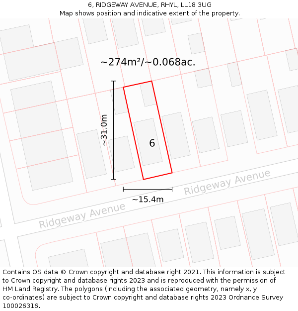 6, RIDGEWAY AVENUE, RHYL, LL18 3UG: Plot and title map