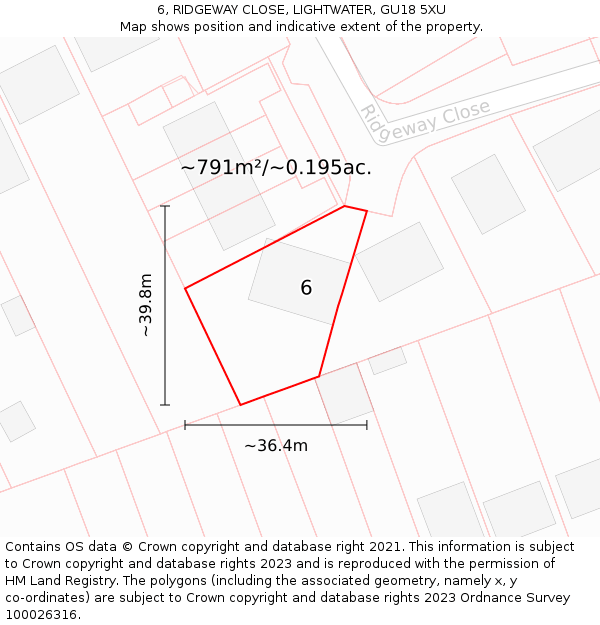 6, RIDGEWAY CLOSE, LIGHTWATER, GU18 5XU: Plot and title map