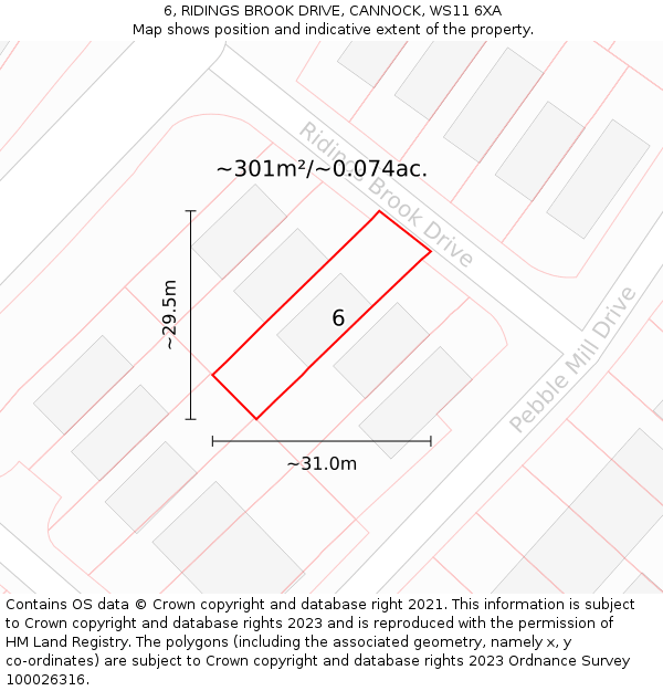 6, RIDINGS BROOK DRIVE, CANNOCK, WS11 6XA: Plot and title map