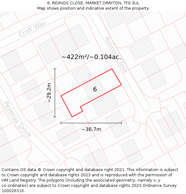 6, RIDINGS CLOSE, MARKET DRAYTON, TF9 3UL: Plot and title map