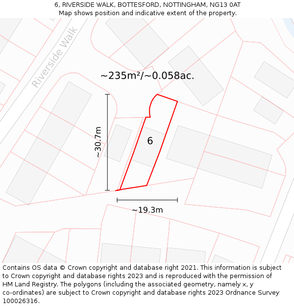 6, RIVERSIDE WALK, BOTTESFORD, NOTTINGHAM, NG13 0AT: Plot and title map