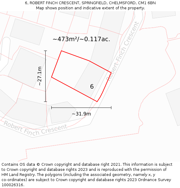 6, ROBERT FINCH CRESCENT, SPRINGFIELD, CHELMSFORD, CM1 6BN: Plot and title map