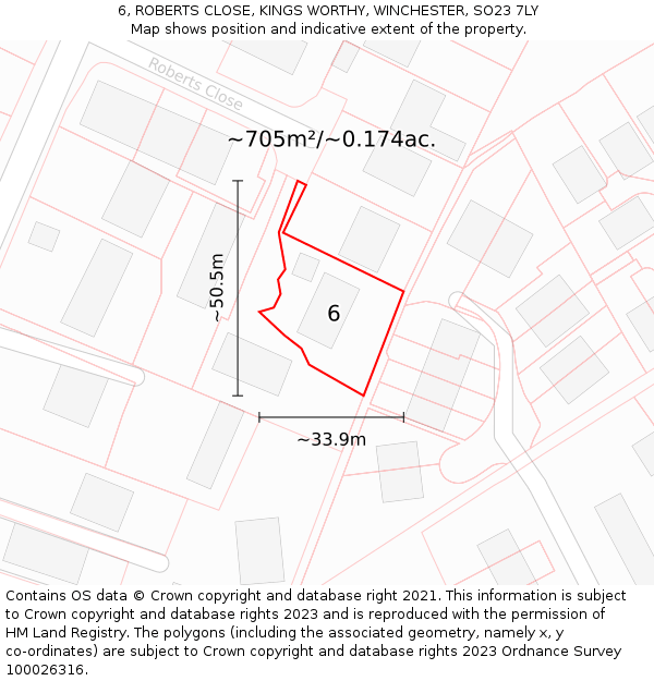 6, ROBERTS CLOSE, KINGS WORTHY, WINCHESTER, SO23 7LY: Plot and title map