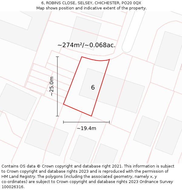 6, ROBINS CLOSE, SELSEY, CHICHESTER, PO20 0QX: Plot and title map