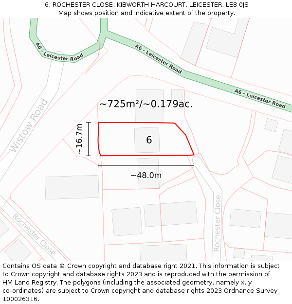 6, ROCHESTER CLOSE, KIBWORTH HARCOURT, LEICESTER, LE8 0JS: Plot and title map
