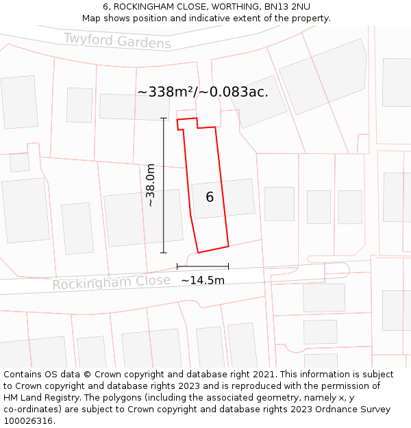 6, ROCKINGHAM CLOSE, WORTHING, BN13 2NU: Plot and title map