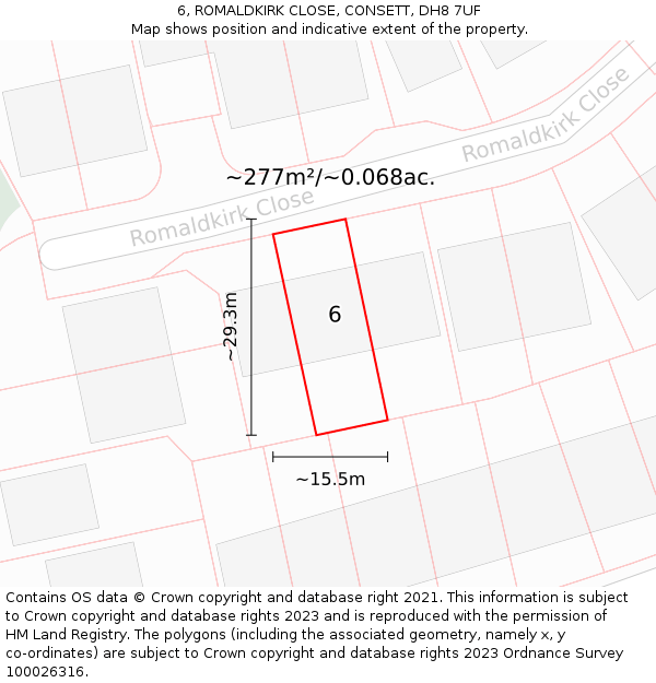 6, ROMALDKIRK CLOSE, CONSETT, DH8 7UF: Plot and title map