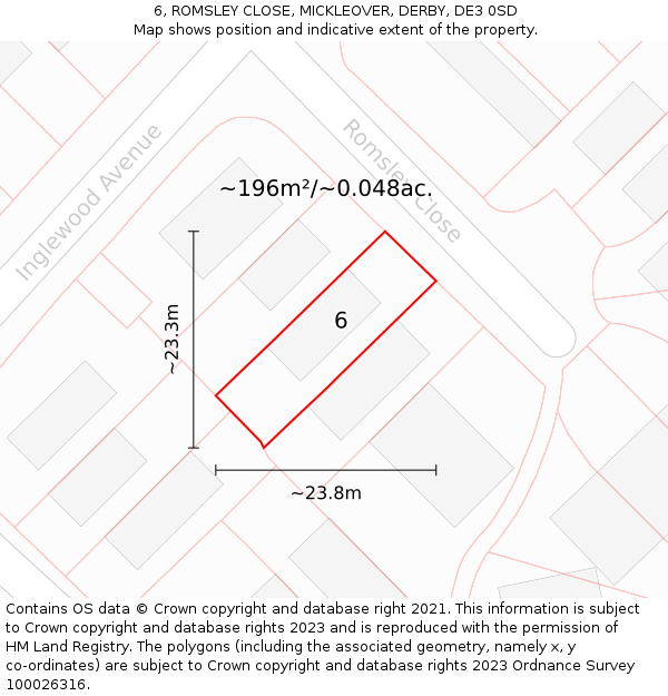 6, ROMSLEY CLOSE, MICKLEOVER, DERBY, DE3 0SD: Plot and title map