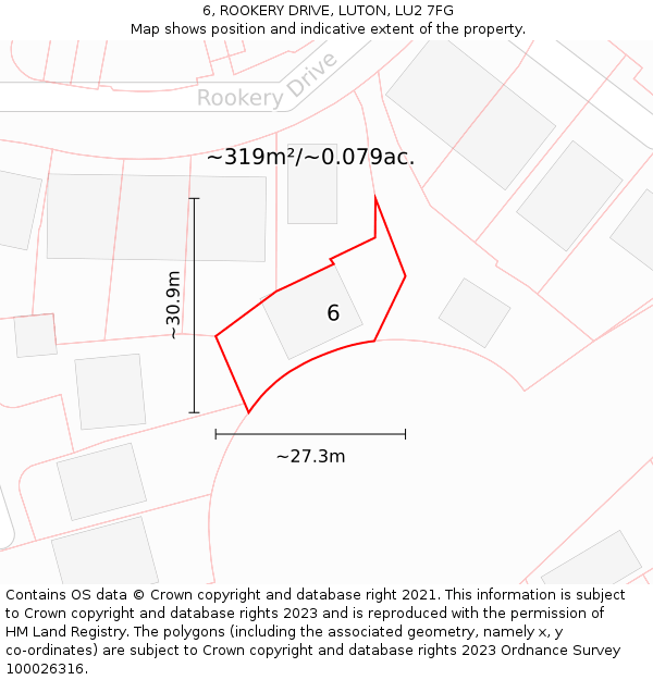 6, ROOKERY DRIVE, LUTON, LU2 7FG: Plot and title map