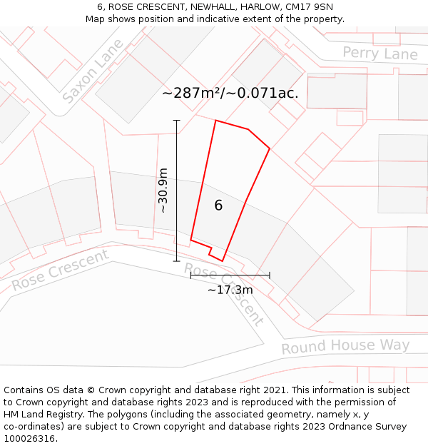 6, ROSE CRESCENT, NEWHALL, HARLOW, CM17 9SN: Plot and title map