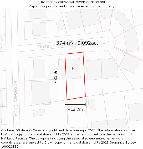 6, ROSEBERY CRESCENT, WOKING, GU22 9BL: Plot and title map