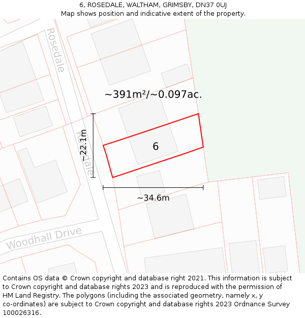 6, ROSEDALE, WALTHAM, GRIMSBY, DN37 0UJ: Plot and title map