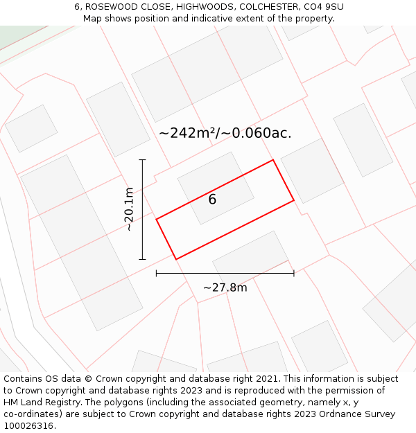 6, ROSEWOOD CLOSE, HIGHWOODS, COLCHESTER, CO4 9SU: Plot and title map