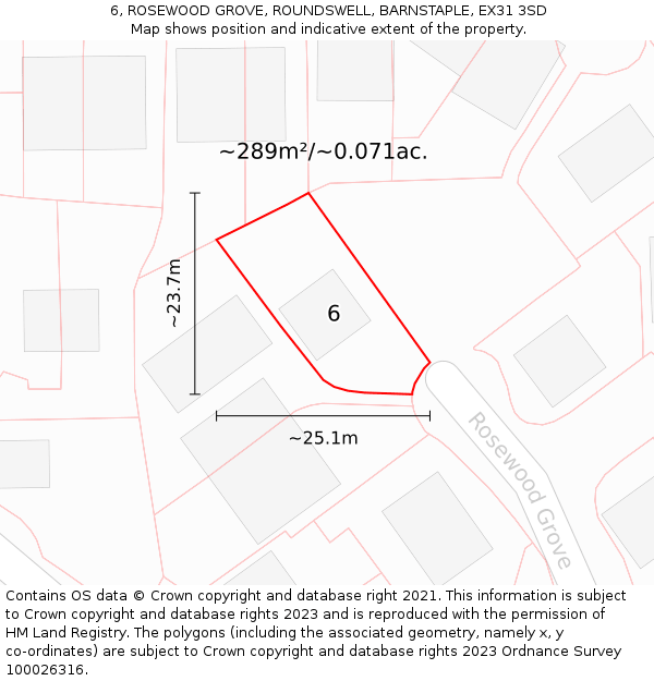 6, ROSEWOOD GROVE, ROUNDSWELL, BARNSTAPLE, EX31 3SD: Plot and title map