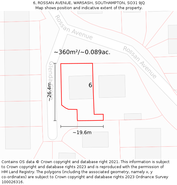 6, ROSSAN AVENUE, WARSASH, SOUTHAMPTON, SO31 9JQ: Plot and title map