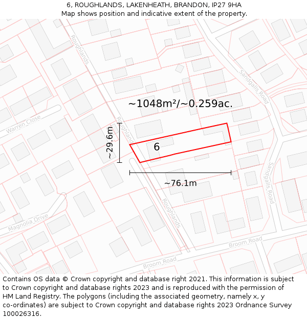 6, ROUGHLANDS, LAKENHEATH, BRANDON, IP27 9HA: Plot and title map