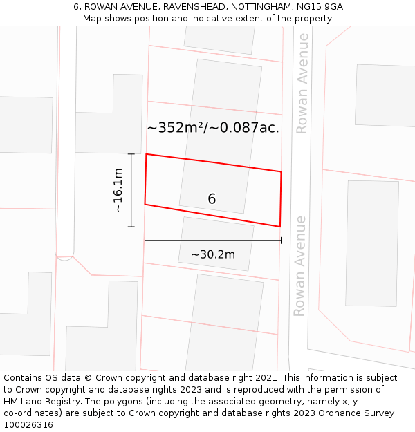 6, ROWAN AVENUE, RAVENSHEAD, NOTTINGHAM, NG15 9GA: Plot and title map