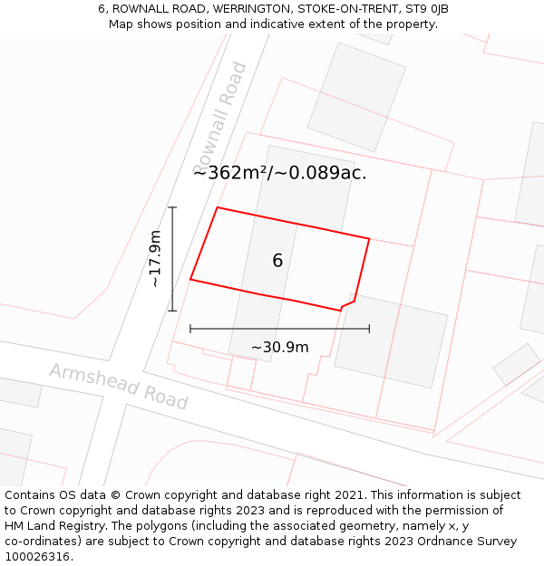 6, ROWNALL ROAD, WERRINGTON, STOKE-ON-TRENT, ST9 0JB: Plot and title map