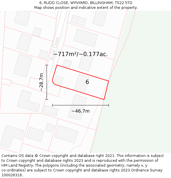 6, RUDD CLOSE, WYNYARD, BILLINGHAM, TS22 5TG: Plot and title map