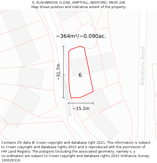 6, RUSHBROOK CLOSE, AMPTHILL, BEDFORD, MK45 2XE: Plot and title map