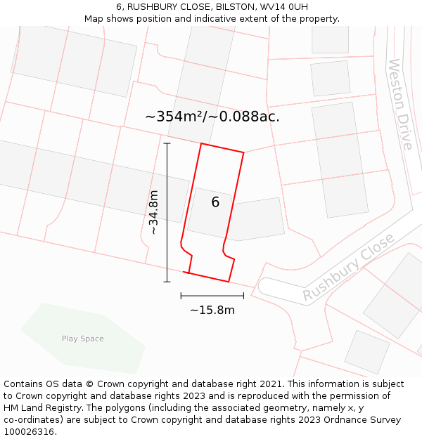 6, RUSHBURY CLOSE, BILSTON, WV14 0UH: Plot and title map