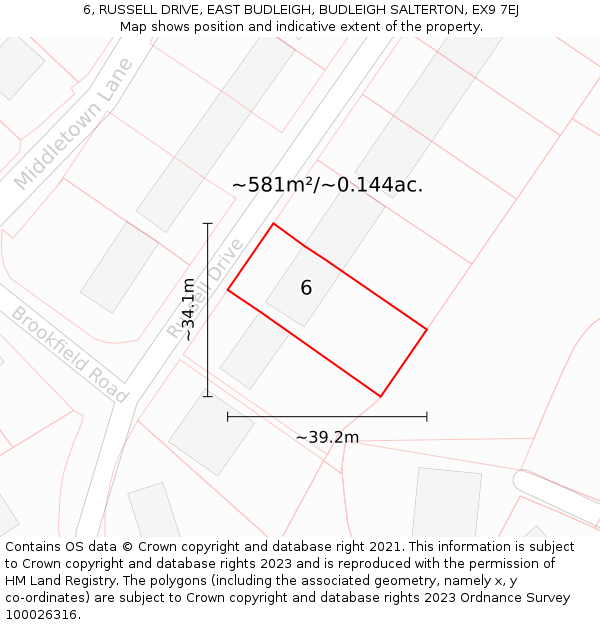 6, RUSSELL DRIVE, EAST BUDLEIGH, BUDLEIGH SALTERTON, EX9 7EJ: Plot and title map