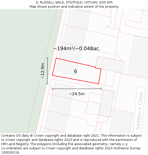 6, RUSSELL WALK, STOTFOLD, HITCHIN, SG5 4FR: Plot and title map