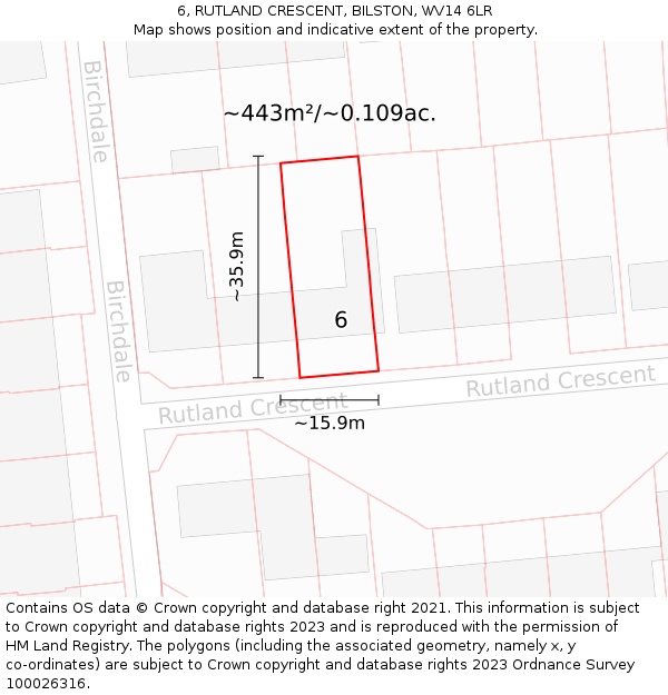 6, RUTLAND CRESCENT, BILSTON, WV14 6LR: Plot and title map